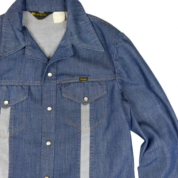Vintage Wrangler 70s Western Denim Shirt Men's M Blue Pearl Snap USA Made - Picture 3 of 6